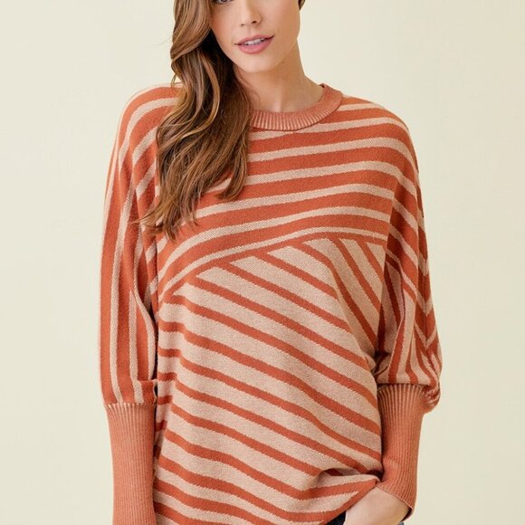 MYSTREE Taupe & Cream Diagonal Stripe Dolman Sleeve Sweater Asymmetrical Hem - Picture 3 of 8